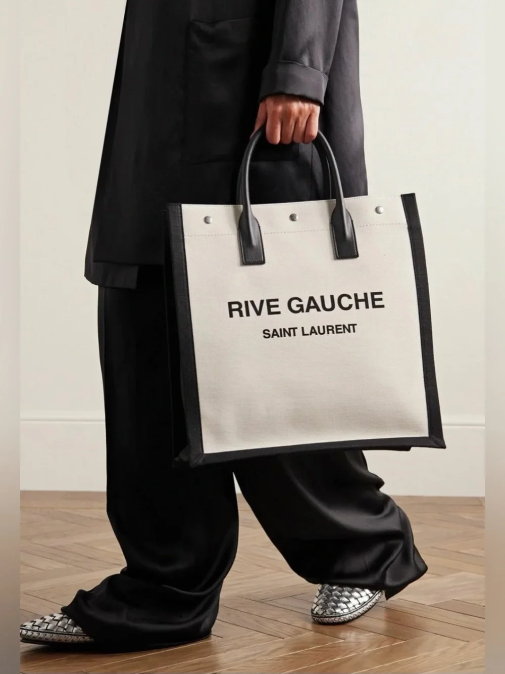 Saint Laurent (YSL) Rive Gauche Tote in Cream and Black